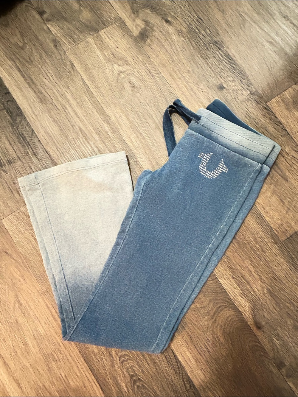 True Religion Blue to Light Blue Ombre Flare Jeans with Rhinestone Logo